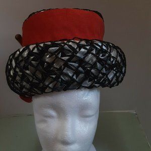 Vintage 1950's 1960s Pillbox Hat Black and White with orange ribbon.